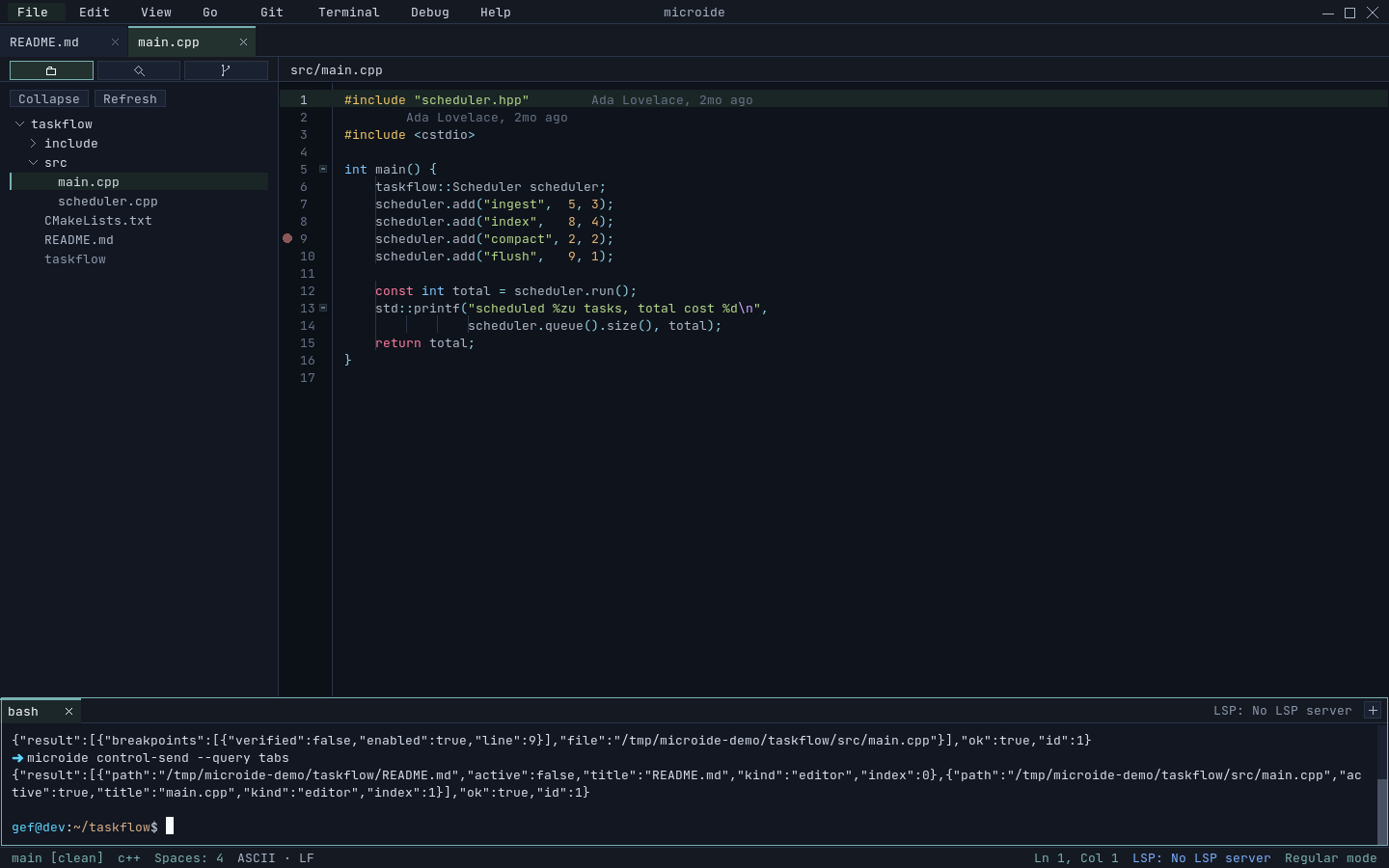 Editor driven by JSON control-channel commands shown in the terminal