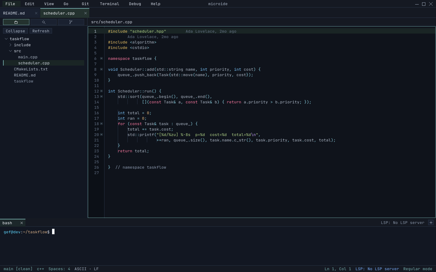 microide editor with C++ syntax highlighting, file tree, and inline git blame