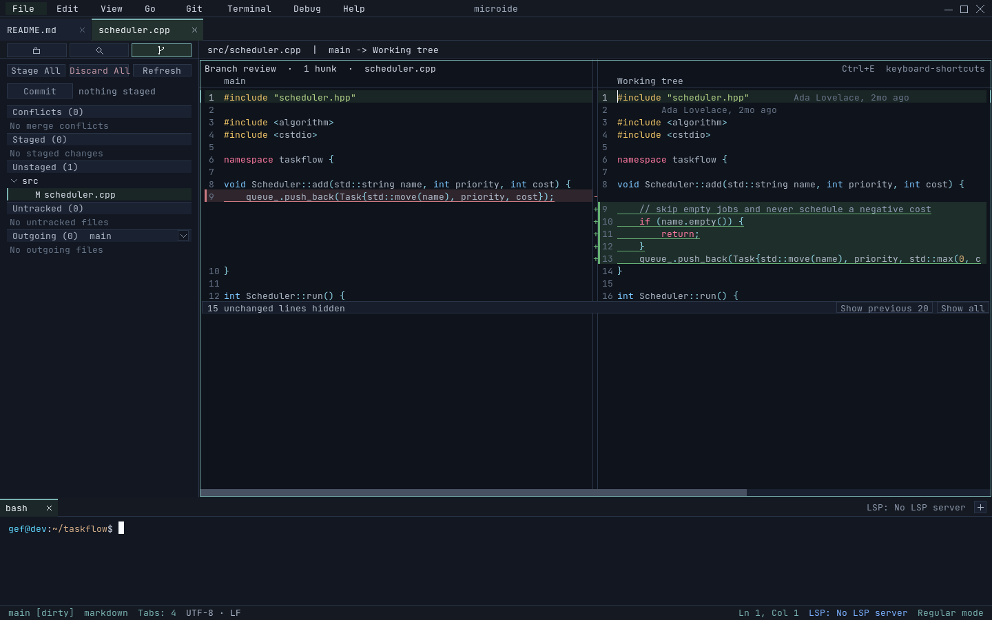 Side-by-side diff of working tree against a branch with staged changes